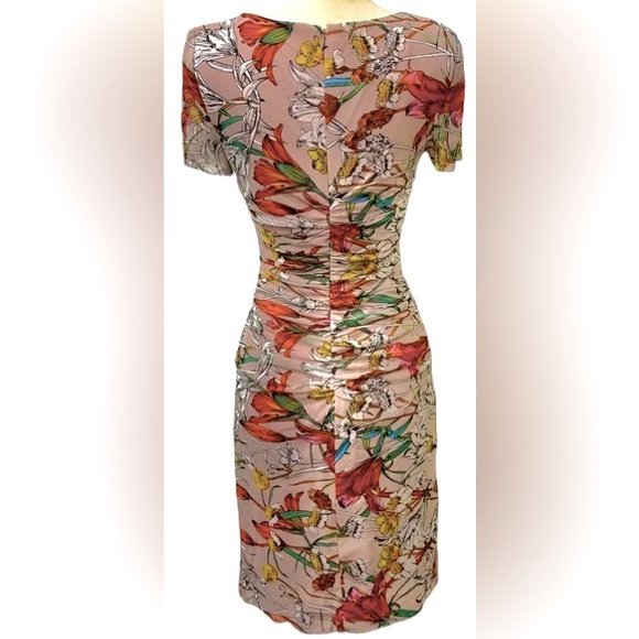 Kay Unger Short Sleeve Floral Mesh Ruched Bodycon Dress in Dusty Pink - Picture 5 of 7